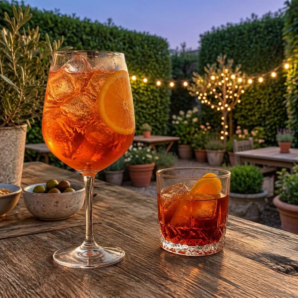 Immagine illustrativa: uno spritz e un cocktail ambrato su un tavolo di legno in giardino, con lucine accese
